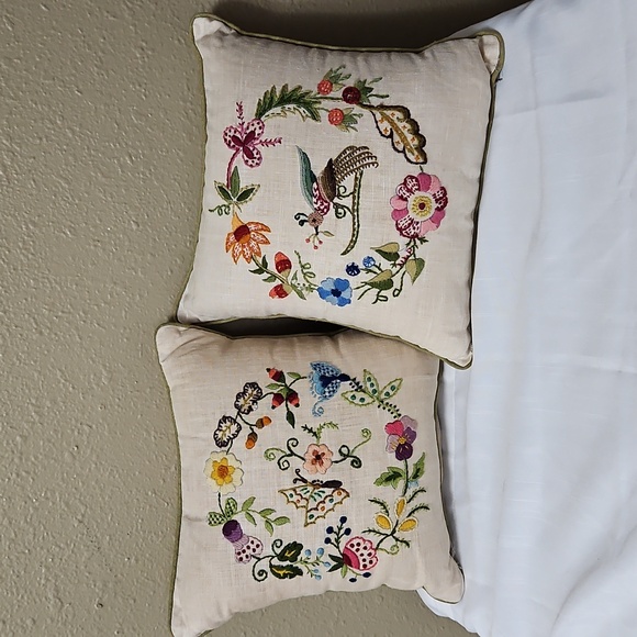Handcrafted Embroidered Crewel Pillows Florals Butterfly Bird Epic Cottagecore